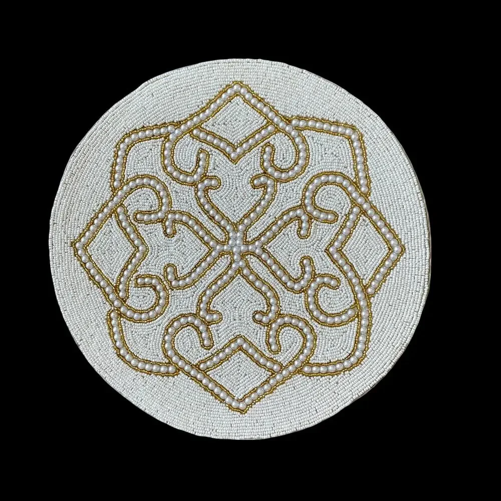 TIRAMISU Handmade Beaded 15in Round Placemat Charger Glam White & Gold NEW